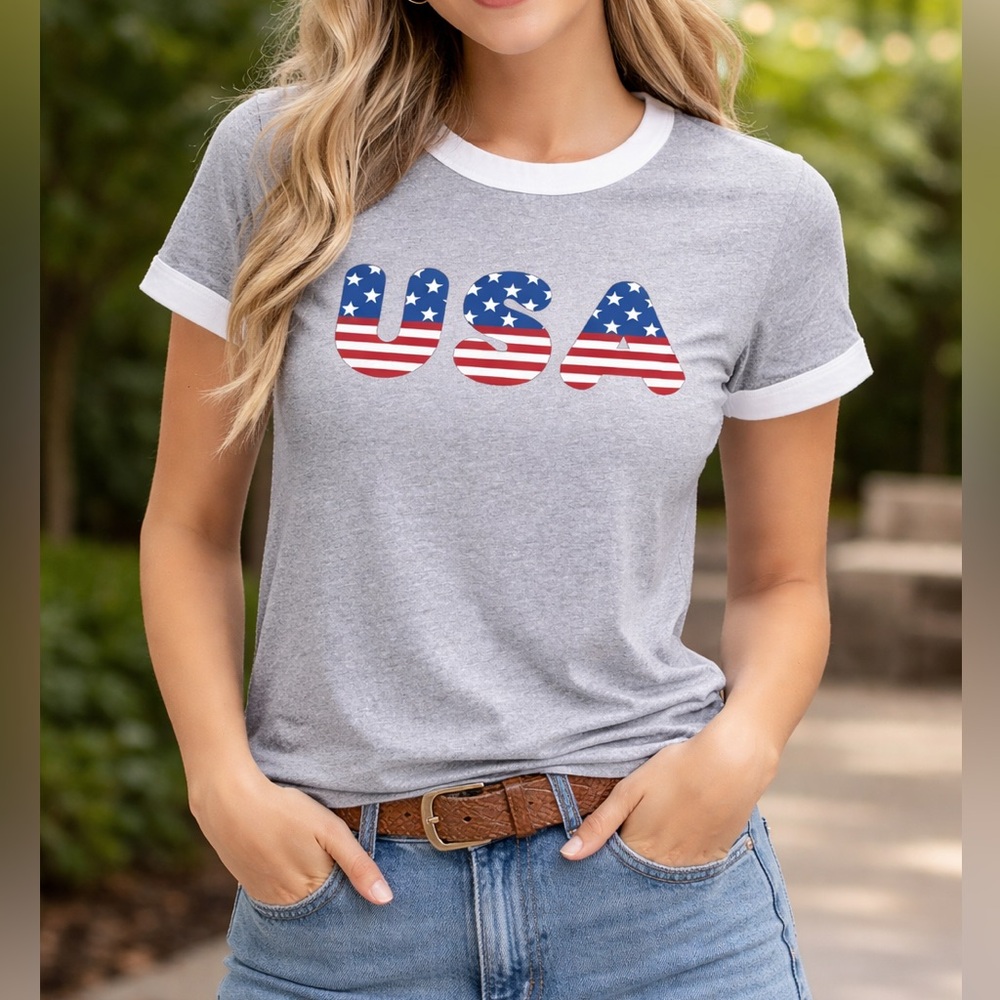PINK Victoria's Secret Gray USA Ringer Tee with White Trim size:S